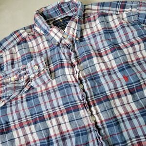 Polo Ralph Lauren Men's XLT Tall Blue‎ Green 100% Linen Button Up Shirt